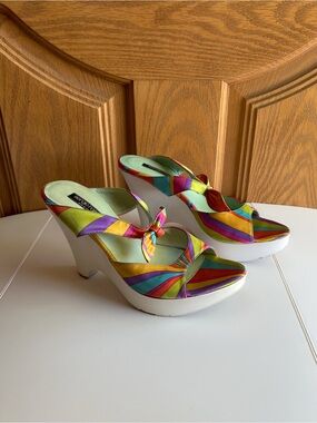 Vintage Sergio Rossi Rainbow Silk Wedge Sandals Colorblock Resort EU 38.5